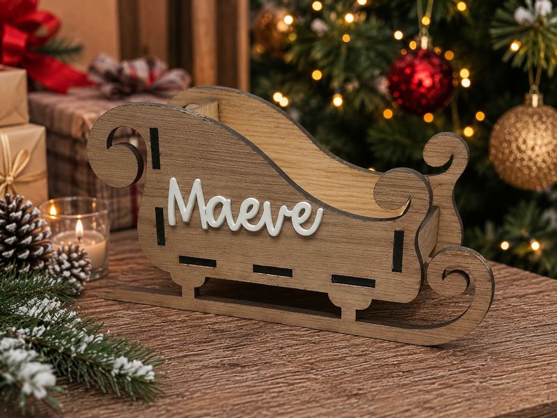 Santa's Sleigh - 4mm Oak Veneered MDF &amp; Acrylic Name