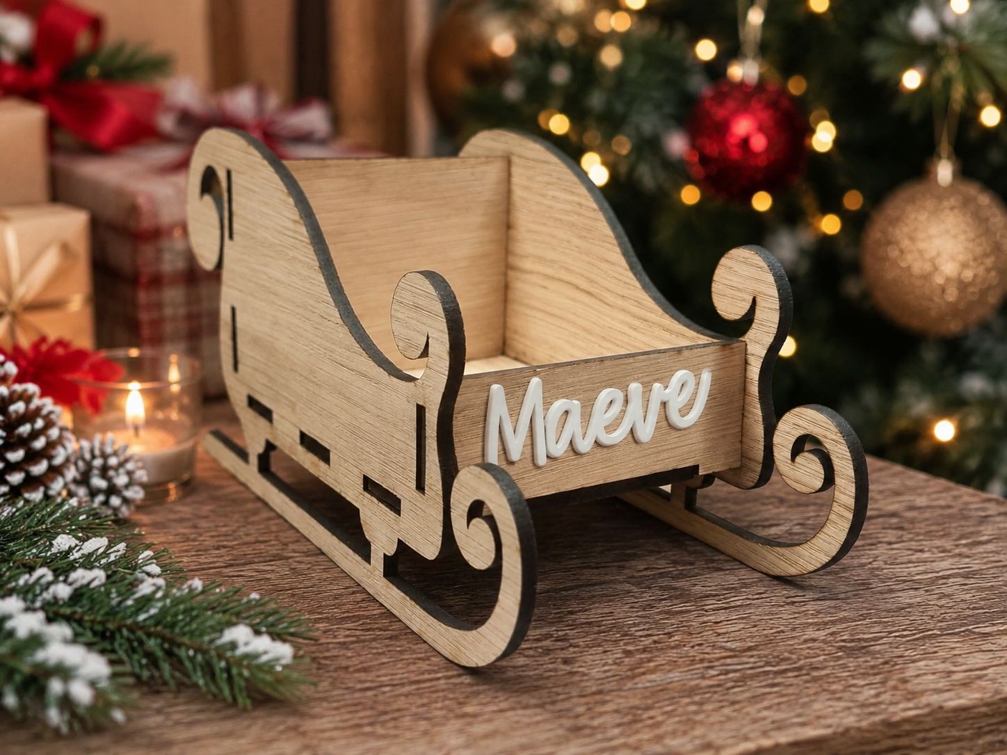 Santa's Sleigh - 4mm Oak Veneered MDF &amp; Acrylic Name