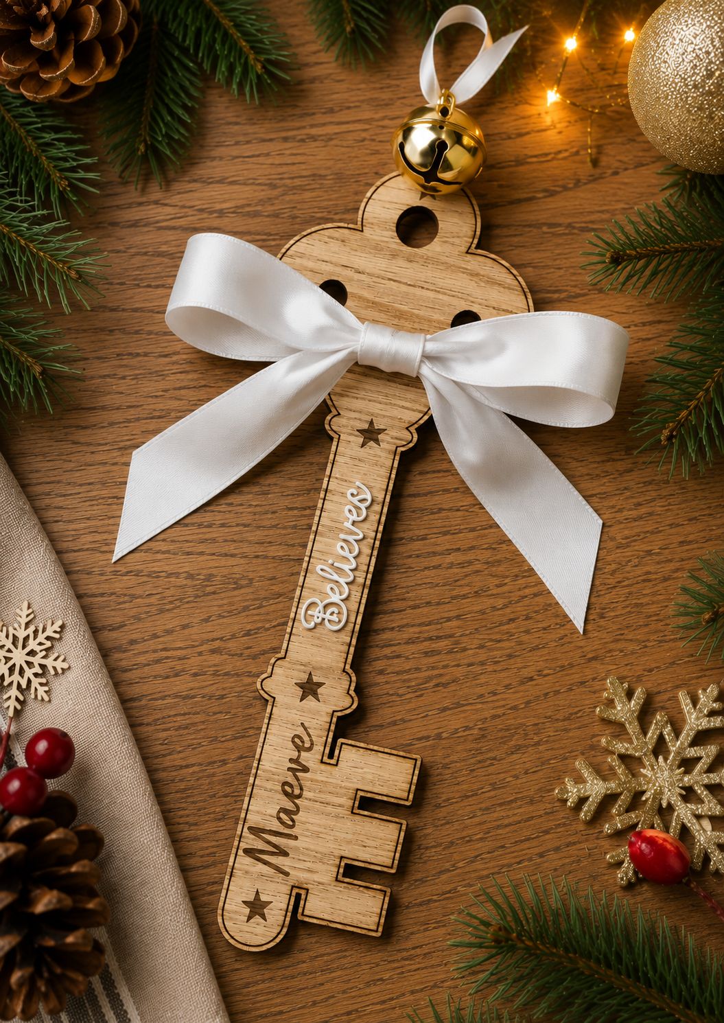 Christmas Personalised Big Wooden Key - 4mm Oak Veneered &amp; White Acrylic