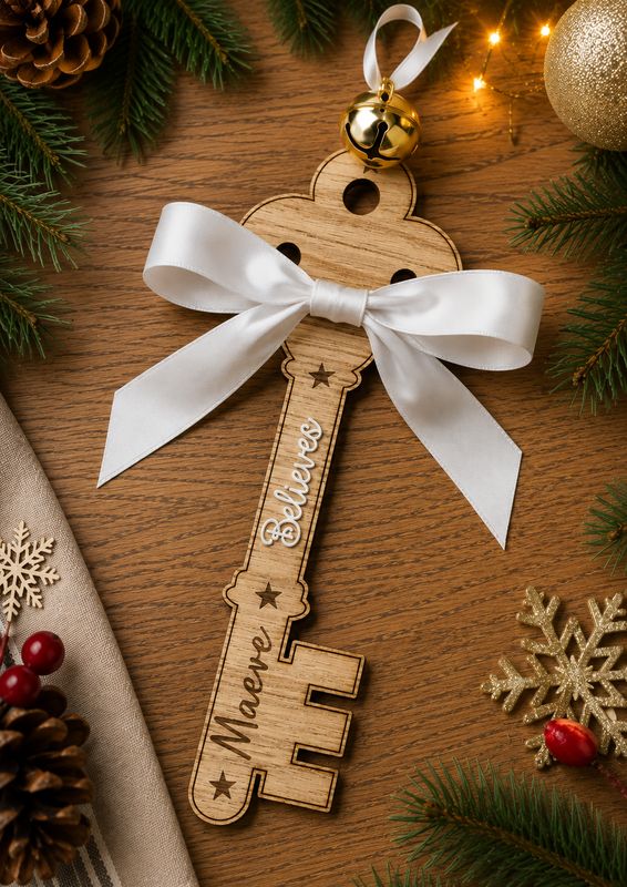 Christmas Personalised Big Wooden Key - 4mm Oak Veneered &amp; White Acrylic