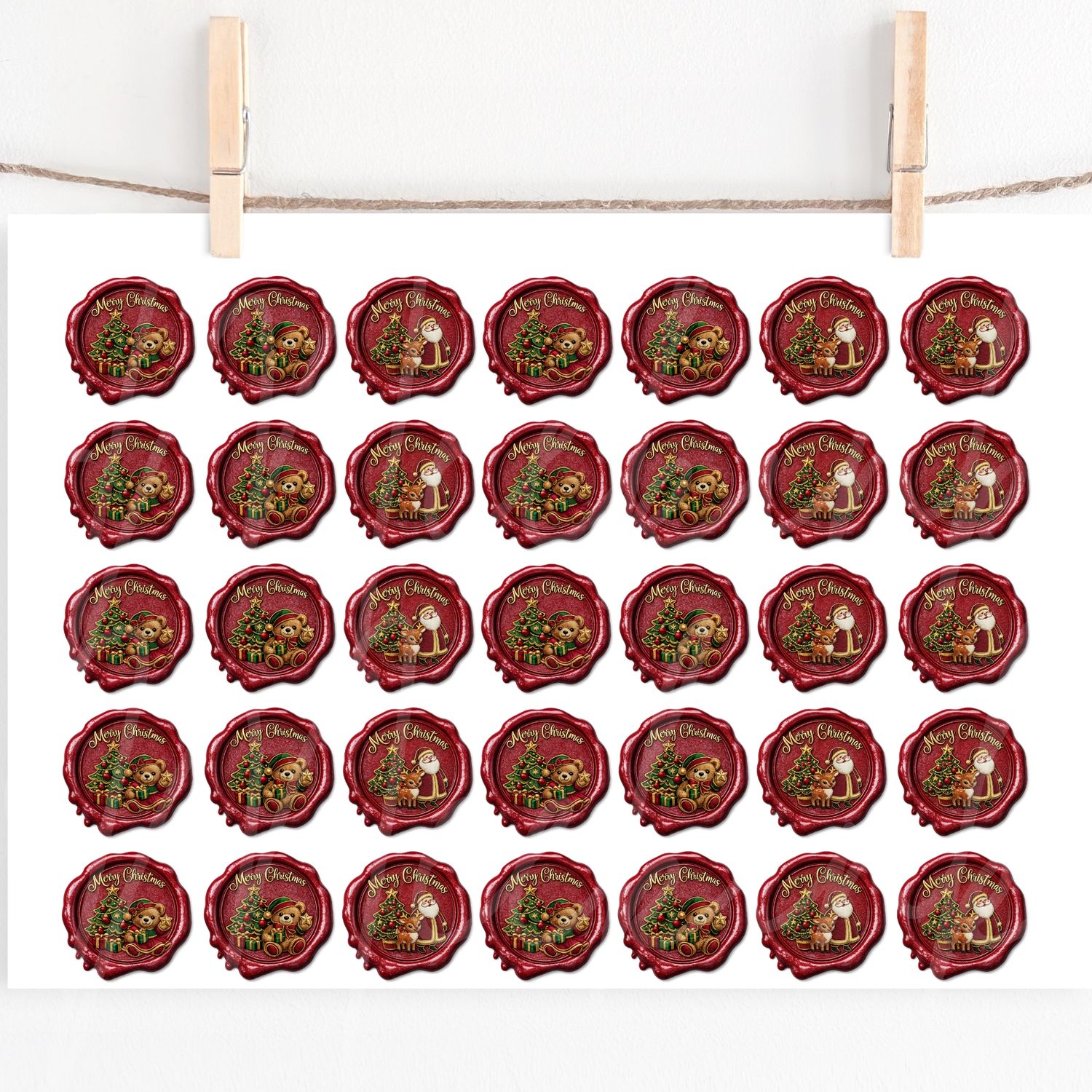 Wax Seal Christmas Ted's &amp; Santa Reindeer UVDTF Decals A4 Sheet
