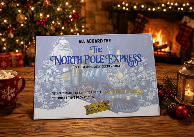The North Pole Express Santa Invite Blue The North Pole Express Santa Invite Blue