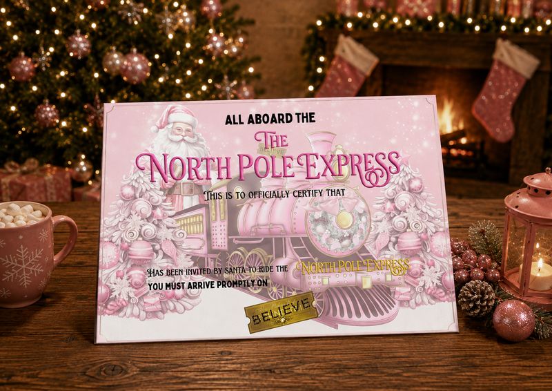 The North Pole Express Santa Invite Pink The North Pole Express Santa Invite Pink