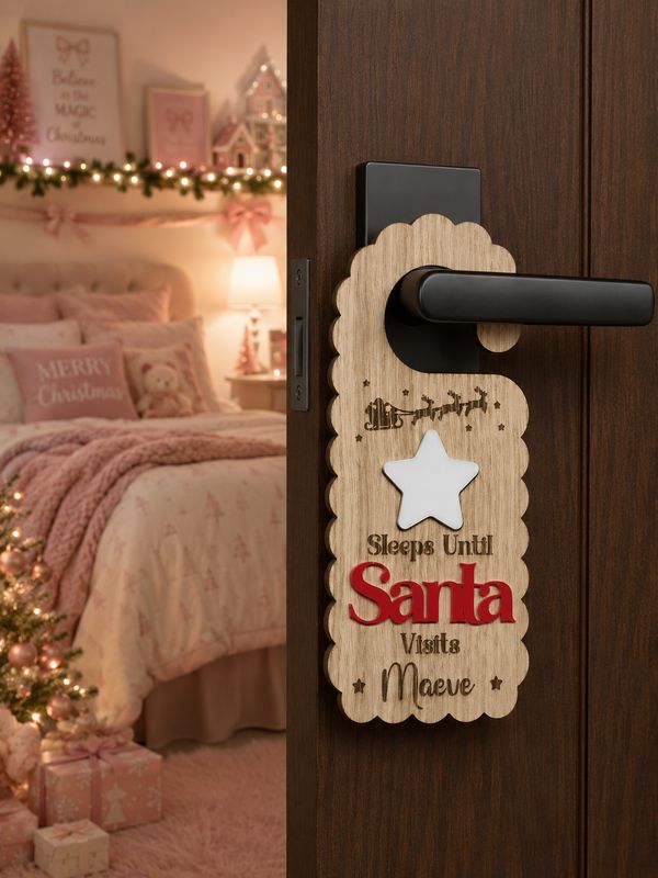 Scalloped Edge Door Hanger Christmas Count Down - 4mm Oak Veneered &amp; White &amp; Red Acrylic 3mm