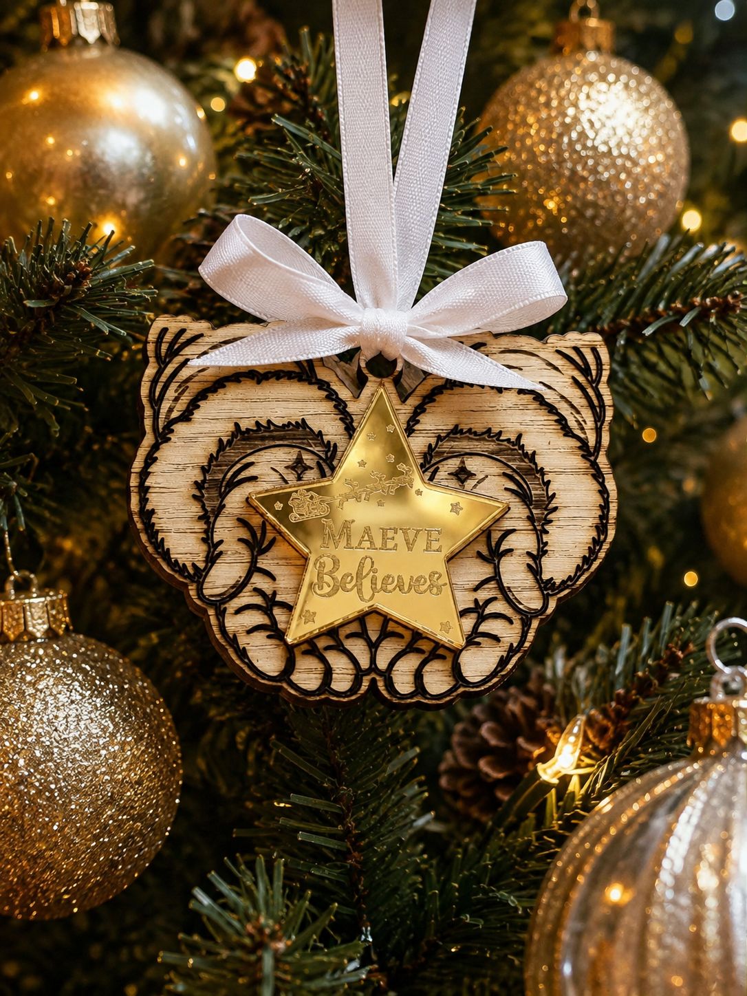 Santa's Hands Holding Star Believes 4mm Oak Veneered &amp; Gold Mirror Acrylic Star