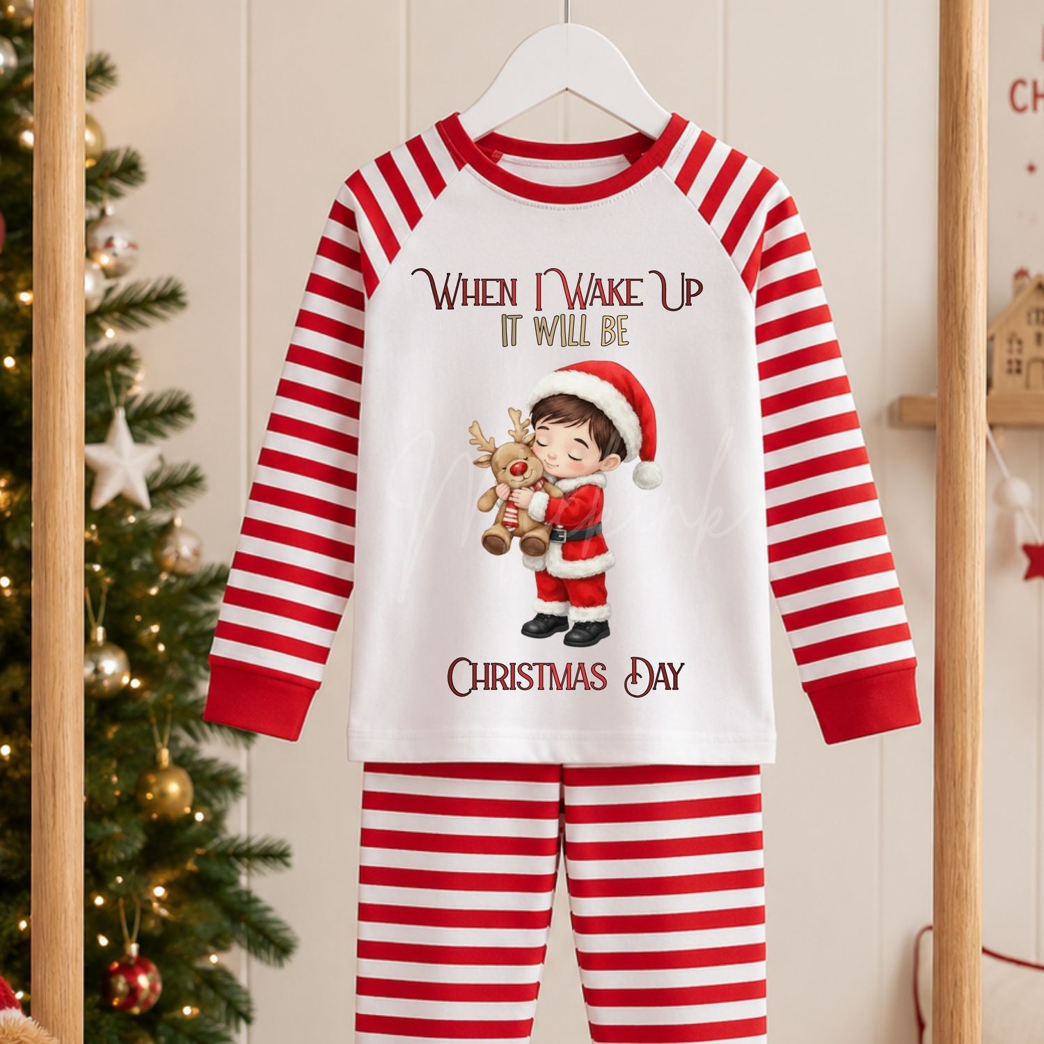 Santa Boy Cuddling Reindeer 2026 Design DTF or UVDTF Decal