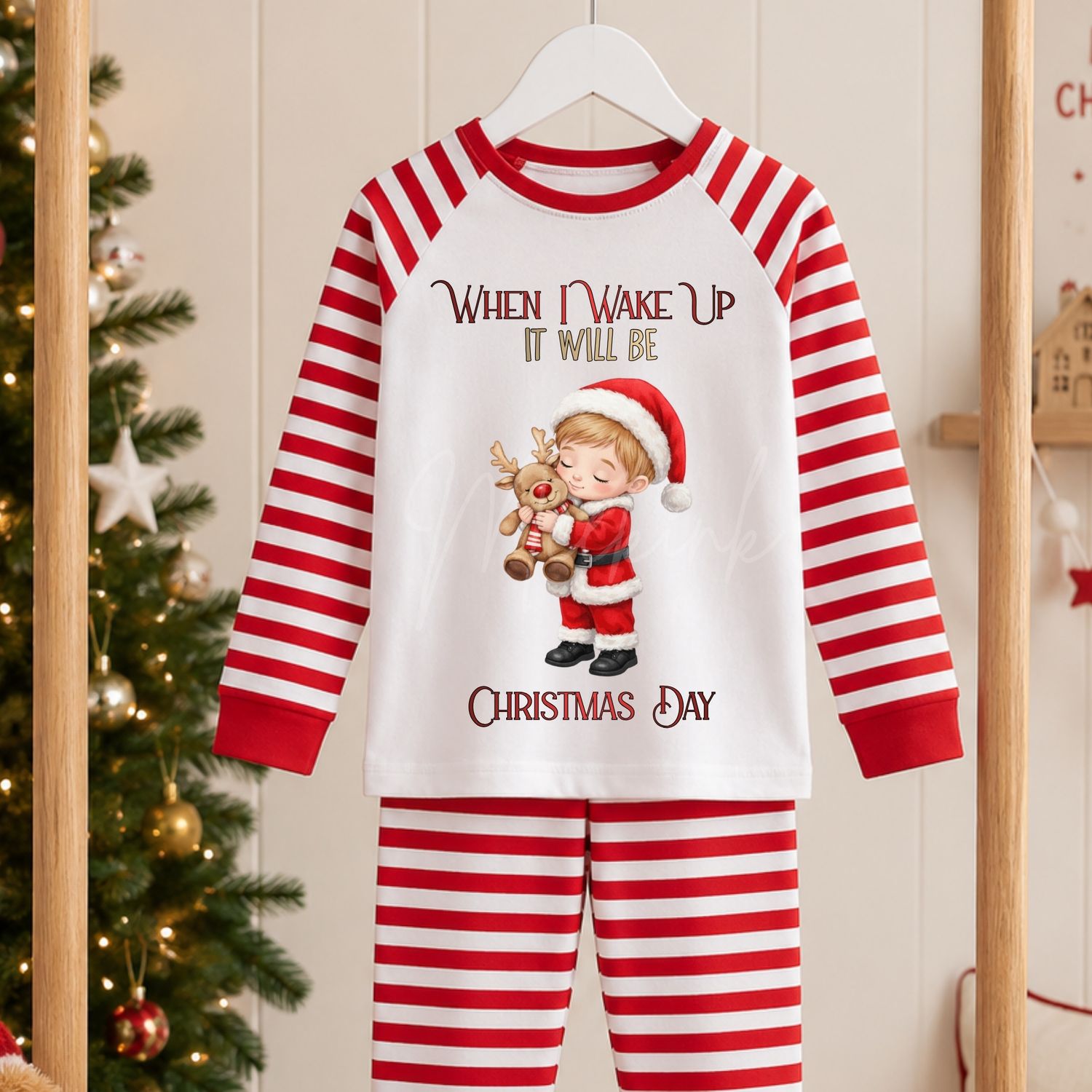 Santa Boy Cuddling Reindeer 2026 Design DTF or UVDTF Decal