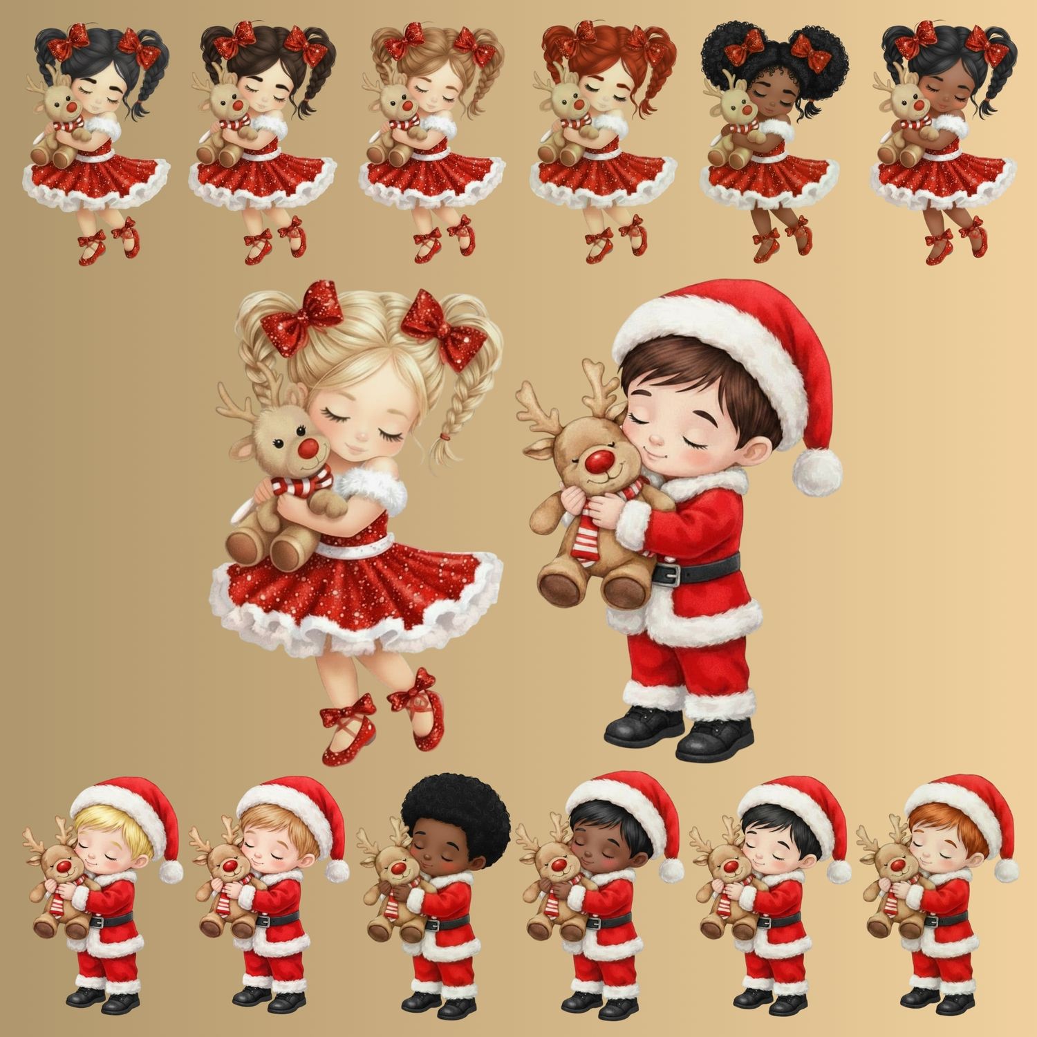 Christmas Girl &amp; Boy Cuddling Reindeer PNG DIGITAL DOWNLOADS x14