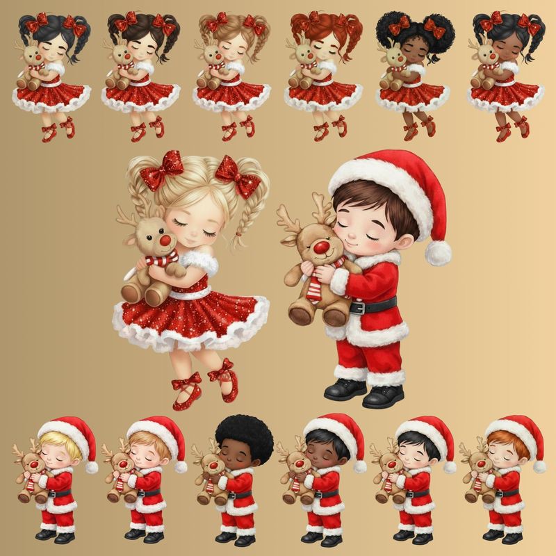 Christmas Girl &amp; Boy Cuddling Reindeer PNG DIGITAL DOWNLOADS x14