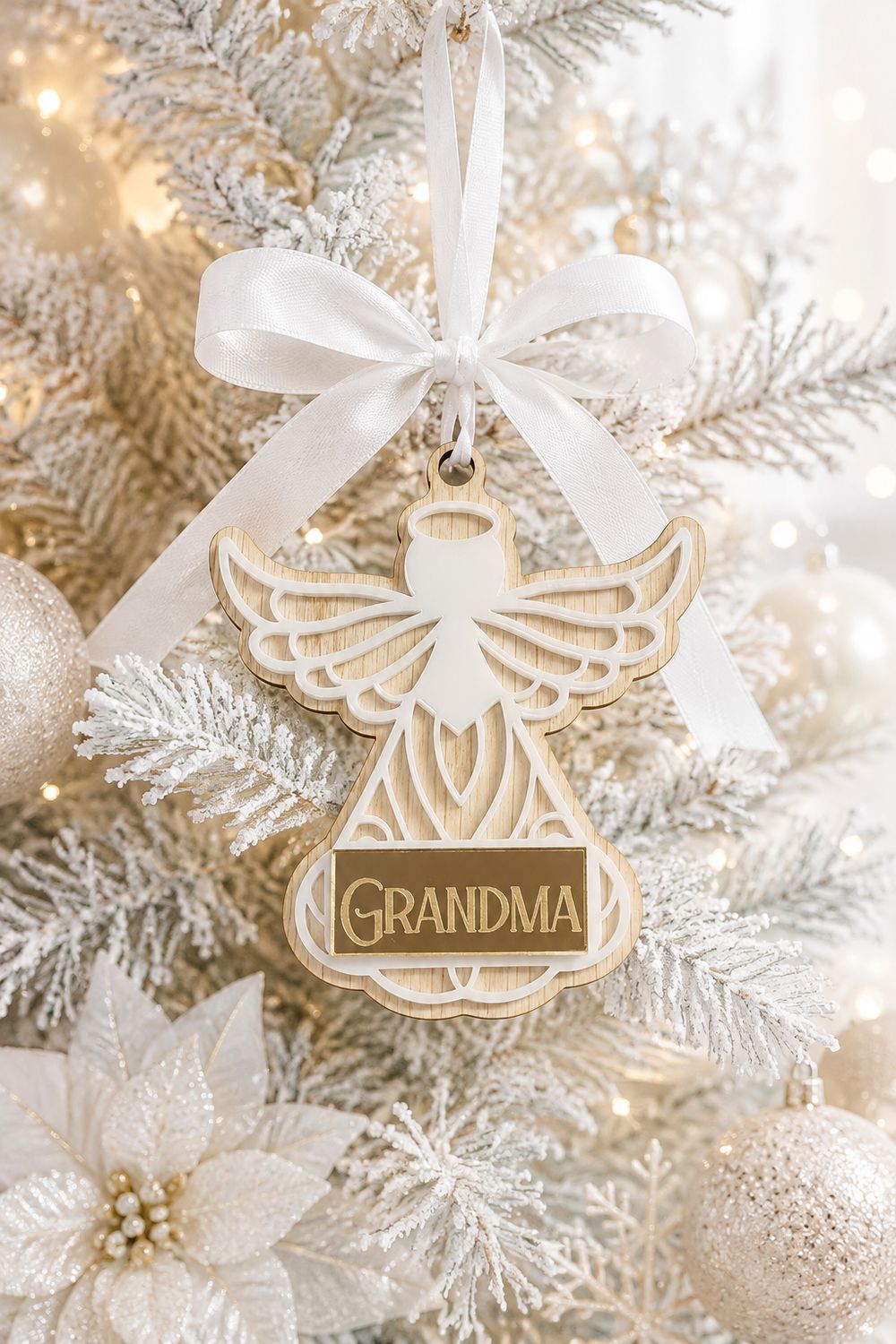 Personalised Memorial Christmas Angel Acrylic &amp; 4mm Oak Veneered