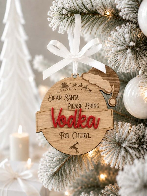 Alcohol Themed Bauble Scroll Santa Hat 4mm Oak Veneered &amp; 3mm Acrylic