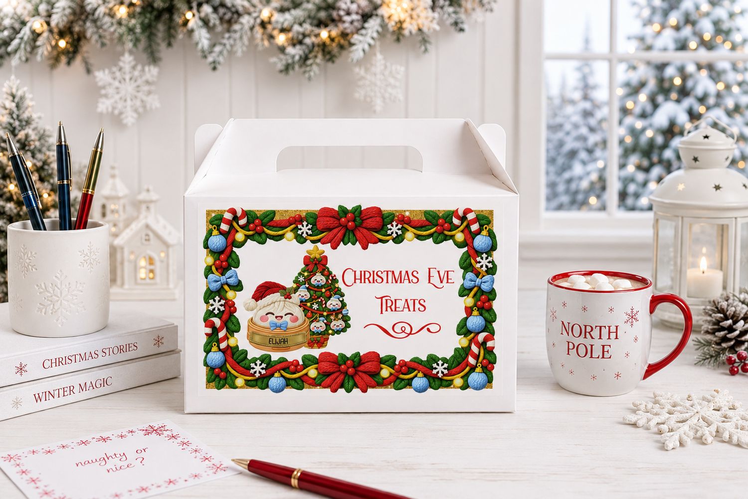 Personalised Christmas Dumpling Blue Bow Eve Treat Box Sticker