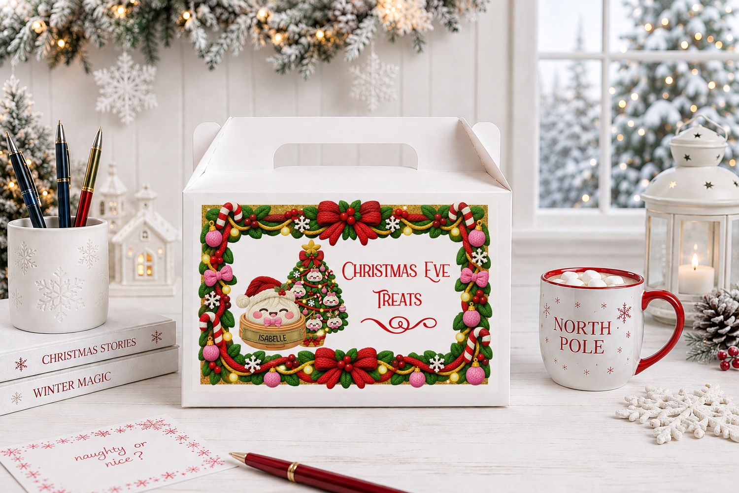 Personalised Christmas Dumpling Pink Bow Eve Treat Box Sticker