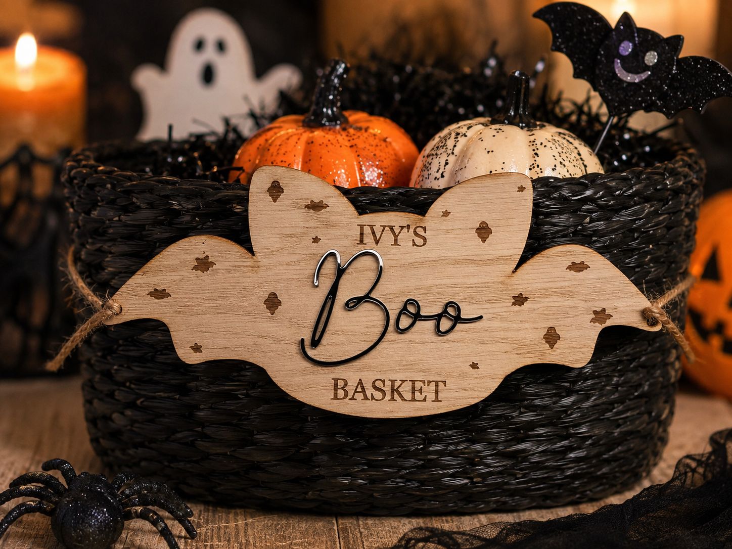 Halloween Boo Basket 4mm Oak Veneered Plaque &amp; 3mm BOO Acrylic