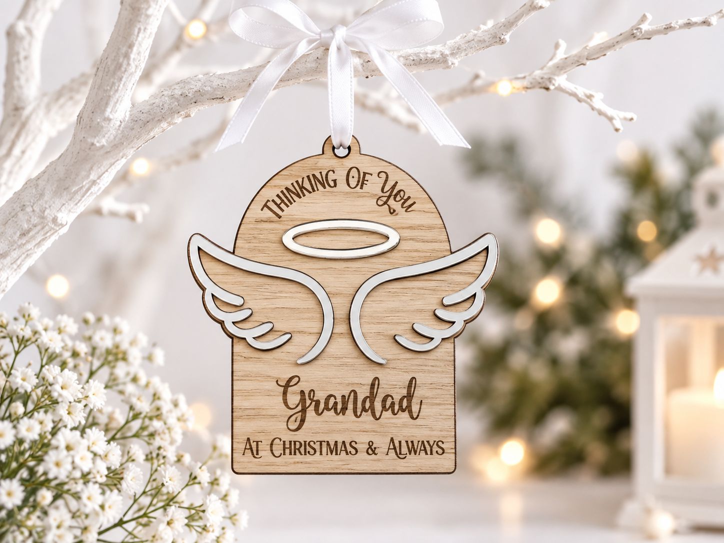 Memorial Christmas Hanging Ornament - 4mm Oak Veneered, White &amp; Mirrored Gold Acrylic 3mm