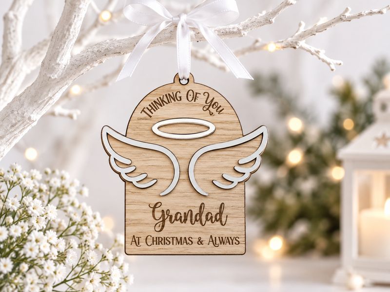 Memorial Christmas Hanging Ornament - 4mm Oak Veneered, White &amp; Mirrored Gold Acrylic 3mm