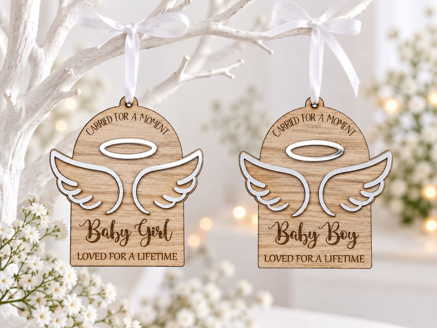 Baby Memorial Hanging Ornament - 4mm Oak Veneered, White &amp; Mirrored Gold Acrylic 3mm