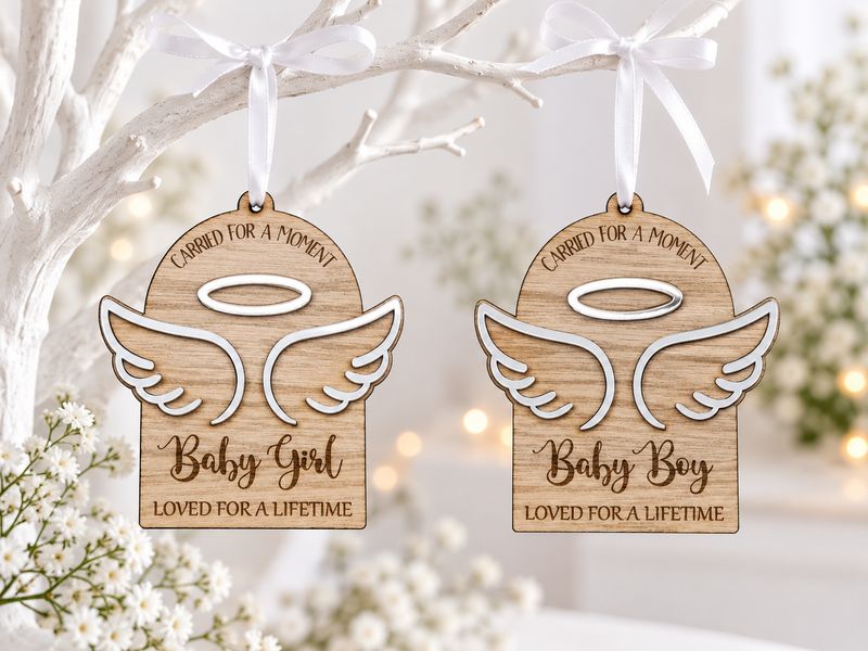 Baby Memorial Hanging Ornament - 4mm Oak Veneered, White &amp; Mirrored Gold Acrylic 3mm
