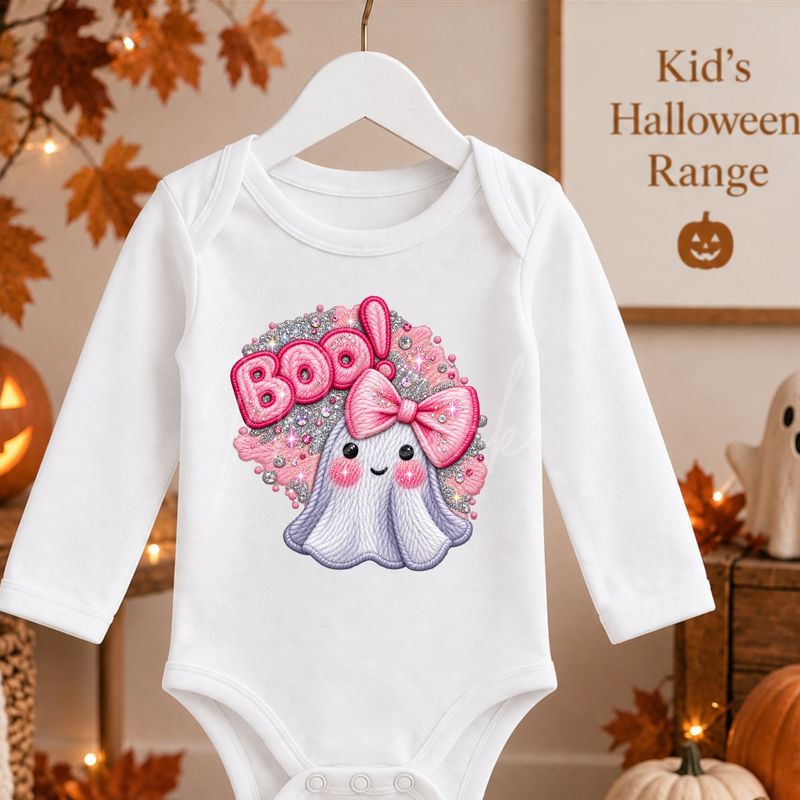 Boo Ghost Pink Faux Embroidery Faux Embroidery Effect DTF or UVDTF Decal