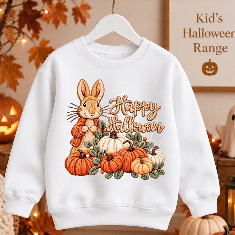 Autumn Bunny Happy Halloween Faux Embroidery Faux Embroidery Effect DTF or UVDTF Decal