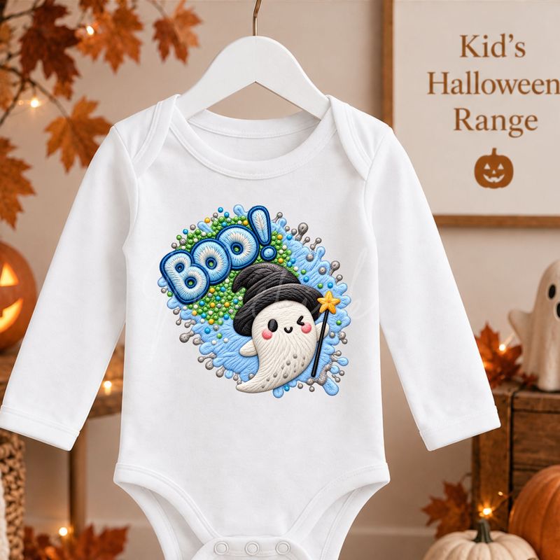Boo Ghost Blue Faux Embroidery Faux Embroidery Effect DTF or UVDTF Decal