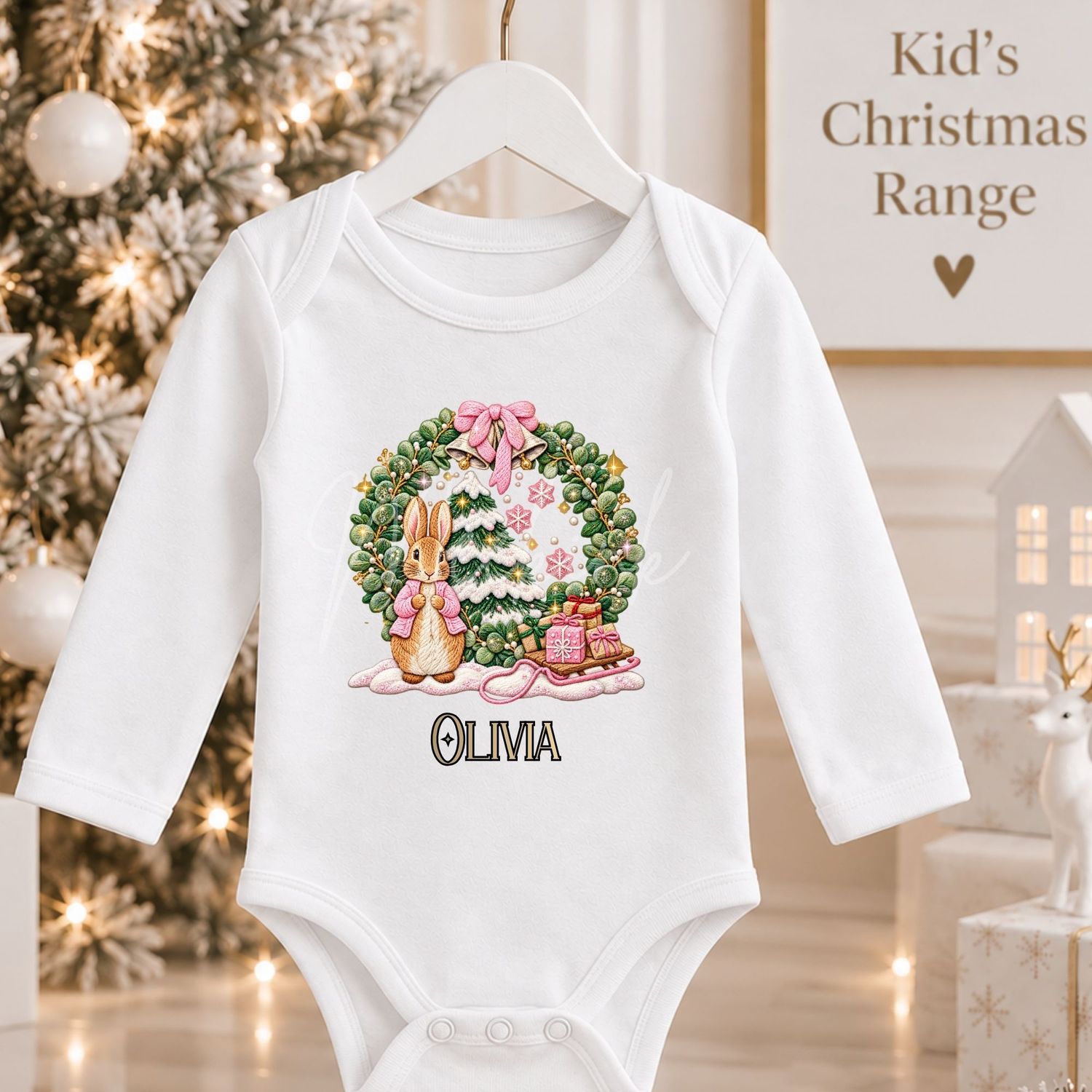 Christmas Bunny Pink Sleigh Wreath Faux Embroidery Effect DTF or UVDTF Decal