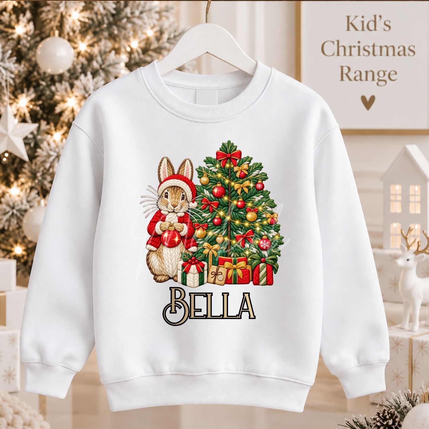 Bunny Red Christmas Tree Faux Embroidery Effect DTF or UVDTF Decal