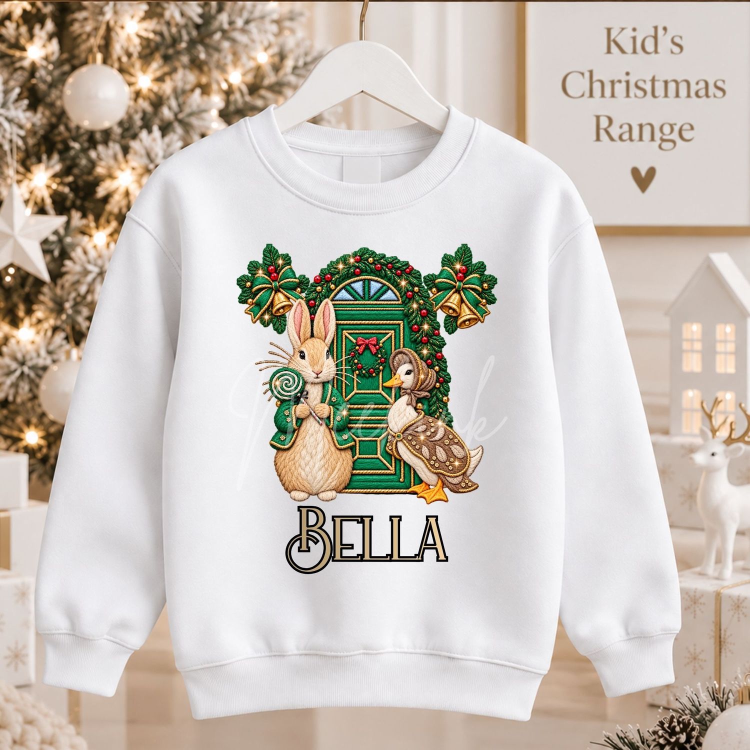 Christmas Door Bunny Emerald Green Faux Embroidery Effect DTF or UVDTF Decal