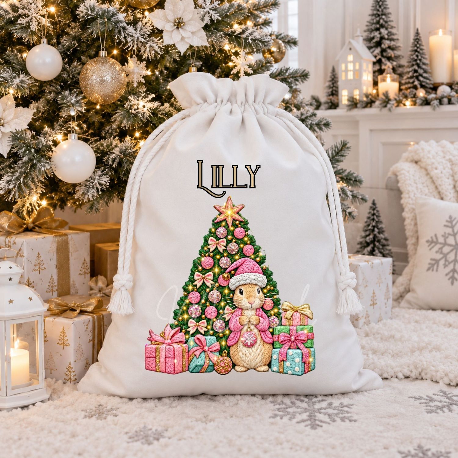 Christmas Tree Presents Bunny Pink Faux Embroidery Effect DTF or UVDTF Decal