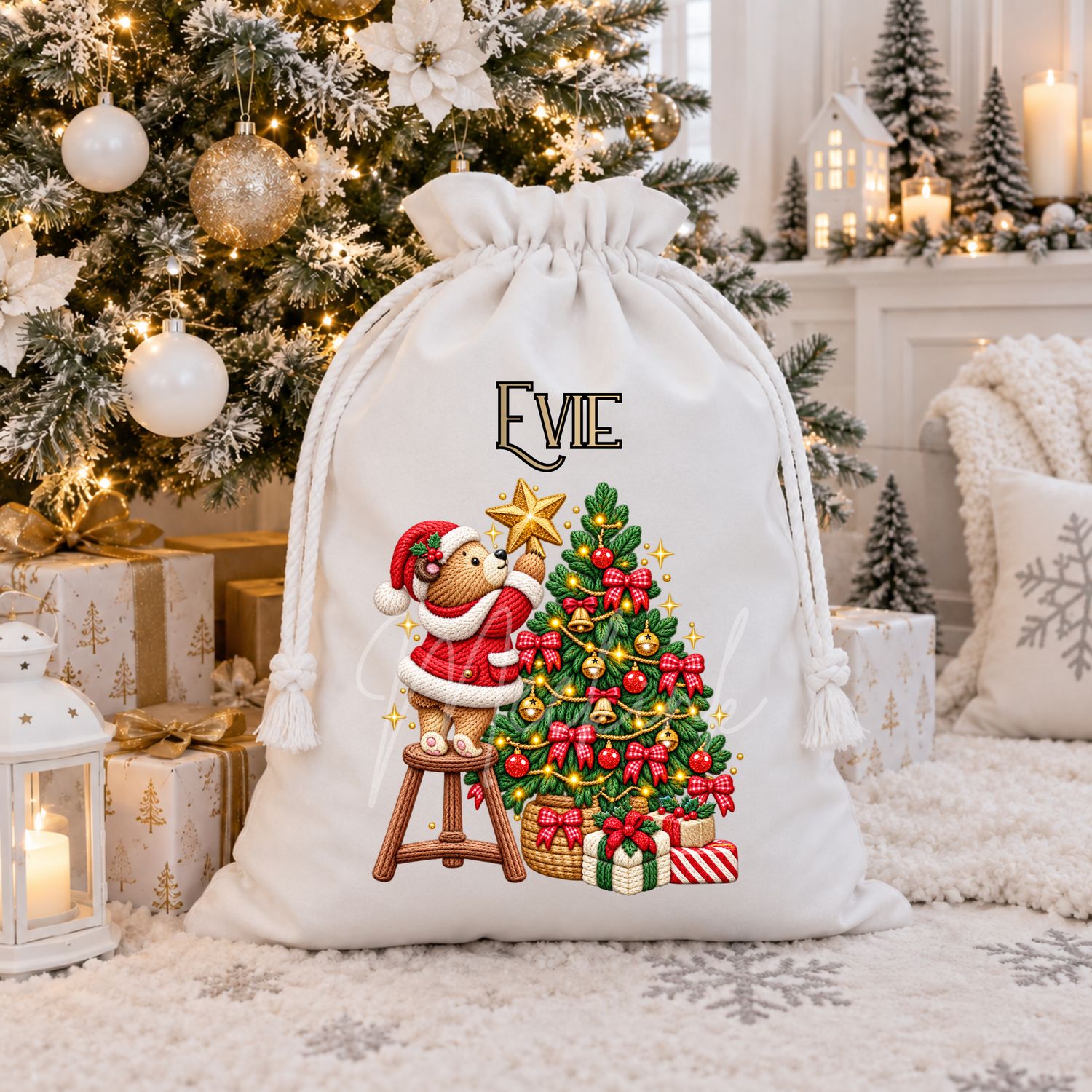 Teddy Star Red Christmas Tree Faux Embroidery Effect DTF or UVDTF Decal