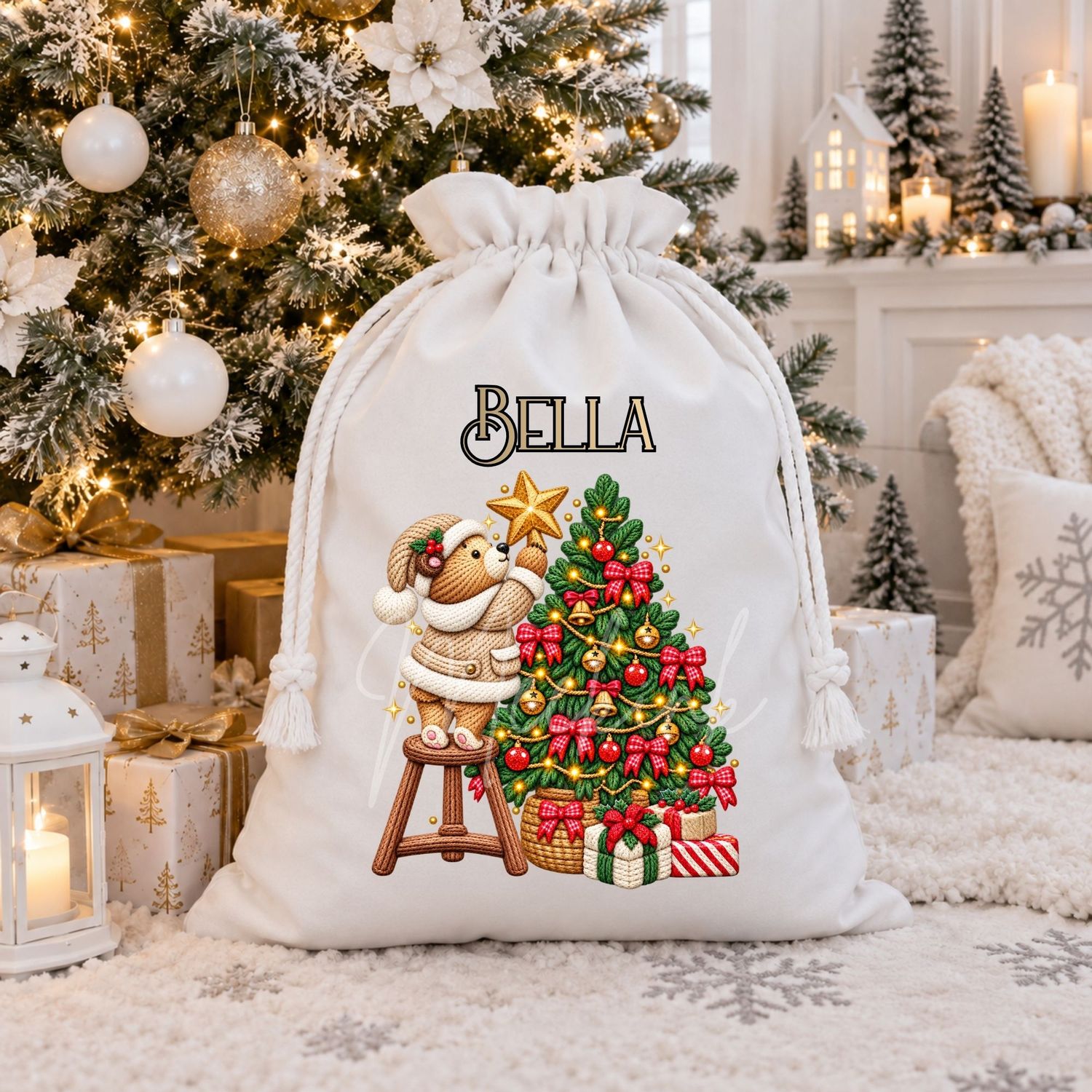 Teddy Star Beige Christmas Tree Faux Embroidery Effect DTF or UVDTF Decal