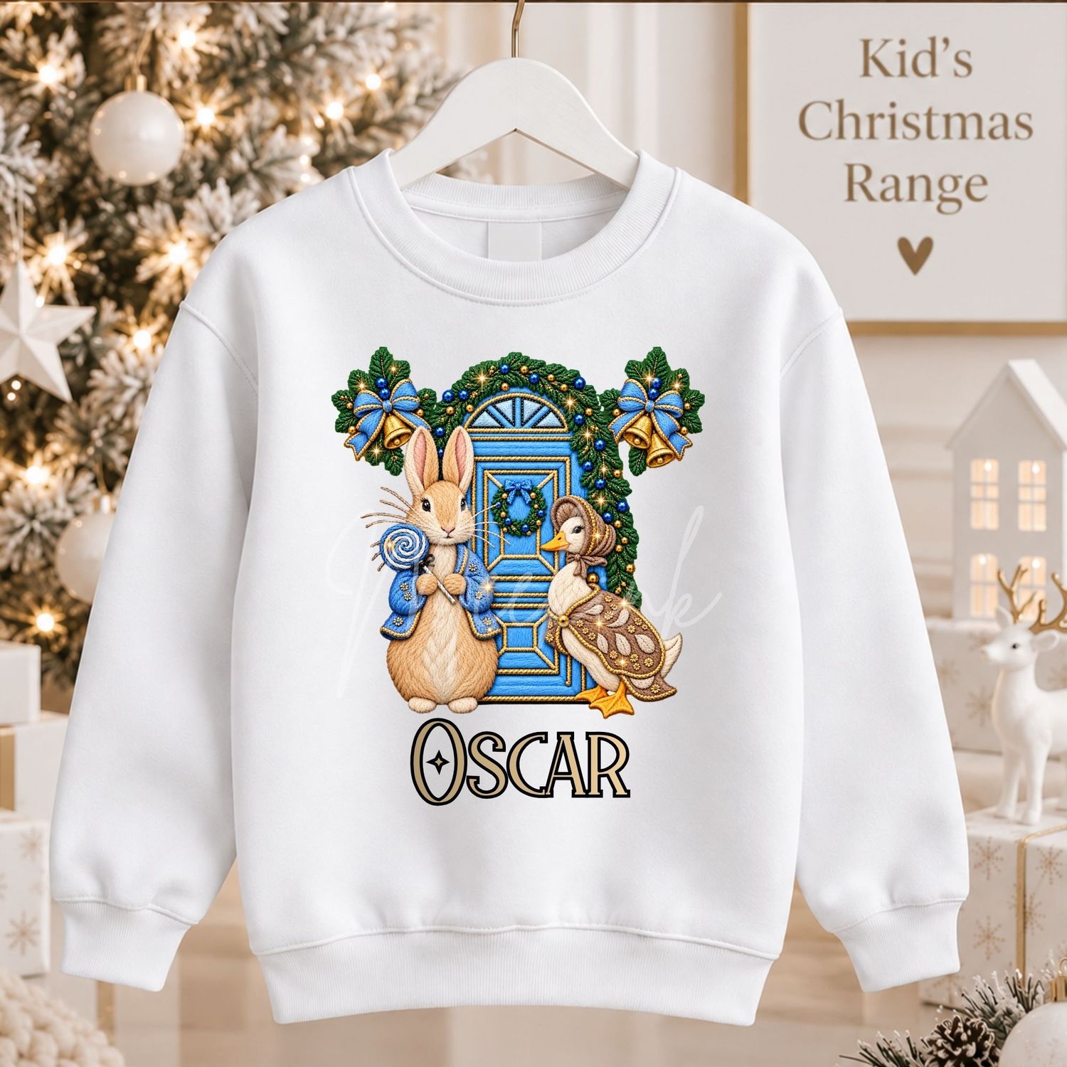 Christmas Door Bunny Blue Faux Embroidery Effect DTF or UVDTF Decal