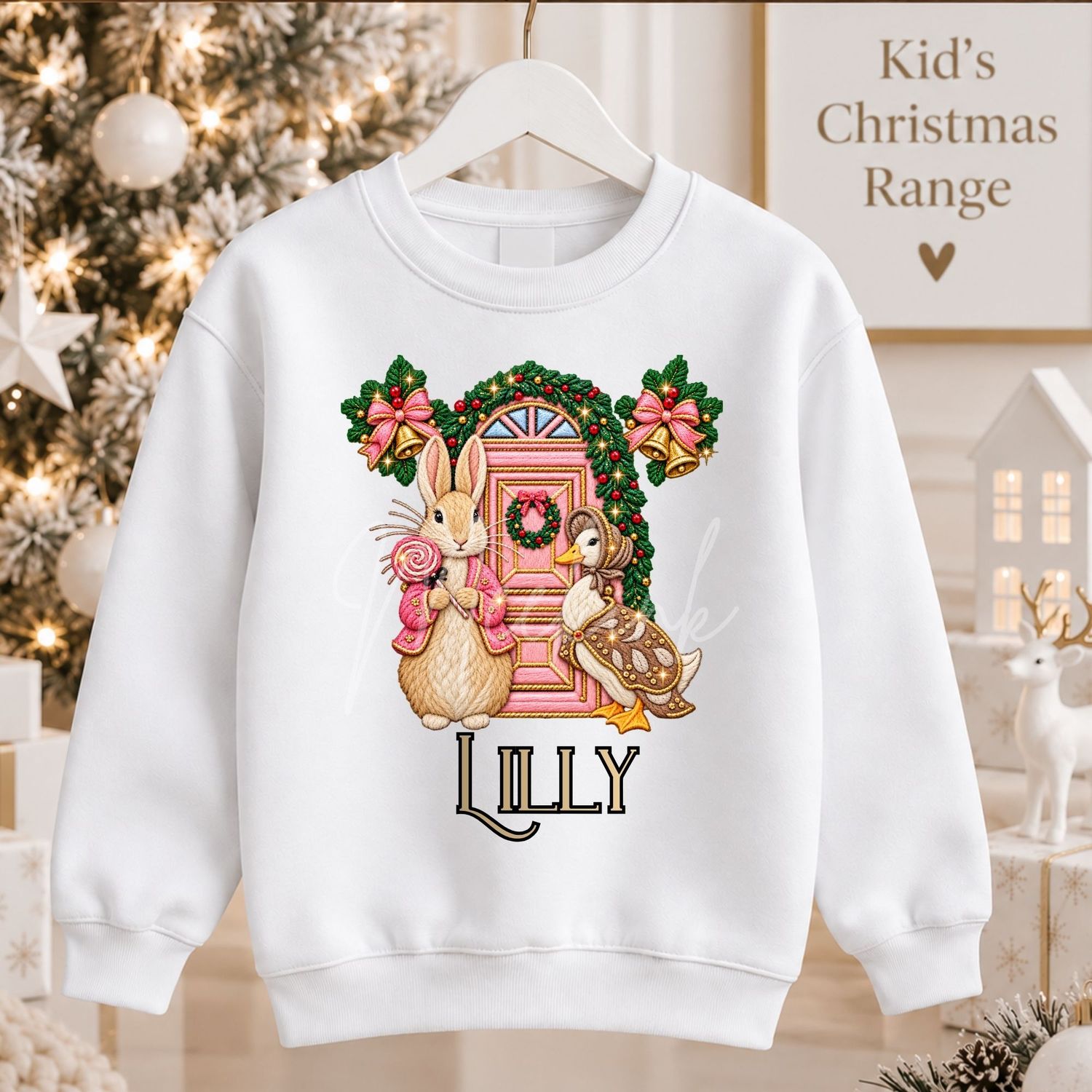Christmas Door Bunny Pink Faux Embroidery Effect DTF or UVDTF Decal