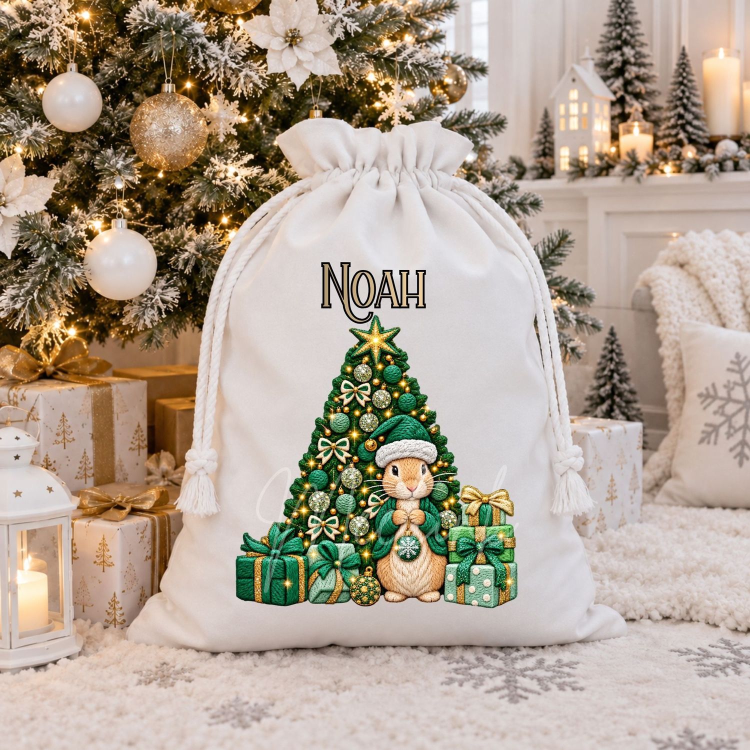 Christmas Tree Presents Bunny Emerald Green Faux Embroidery Effect DTF or UVDTF Decal