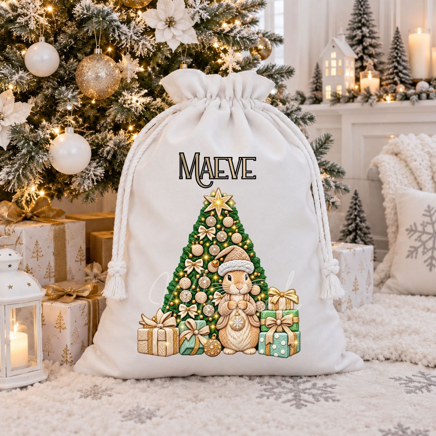 Christmas Tree Presents Bunny Beige Faux Embroidery Effect DTF or UVDTF Decal