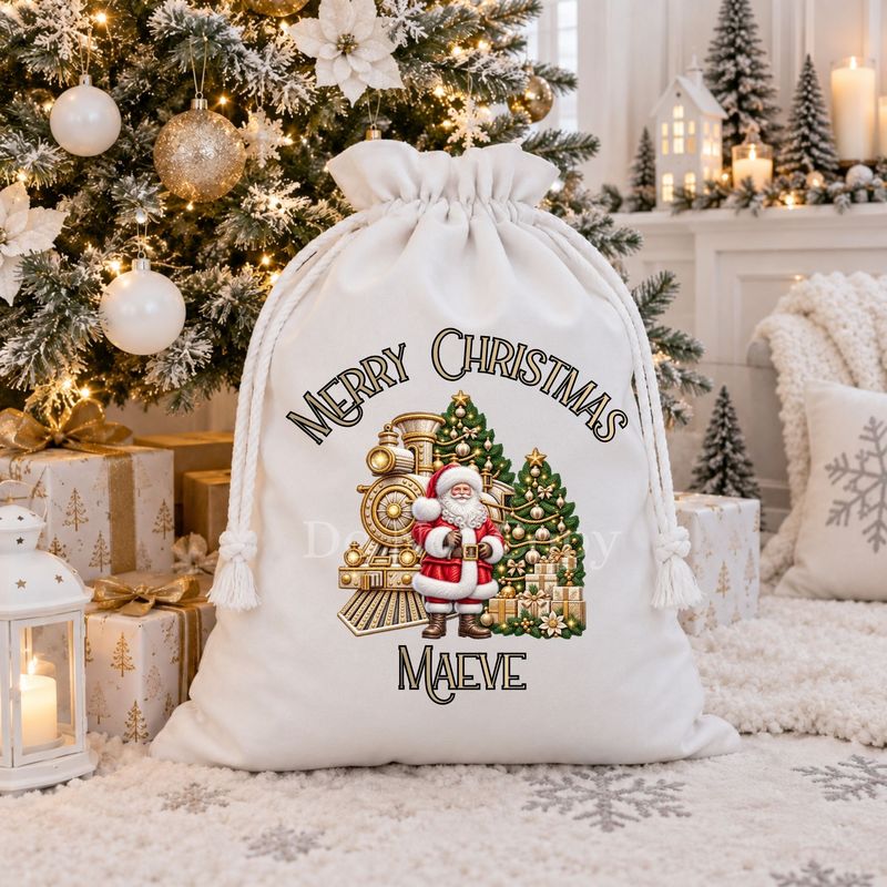 Beige Santa Train Faux Embroidery Effect DTF or UVDTF Decal