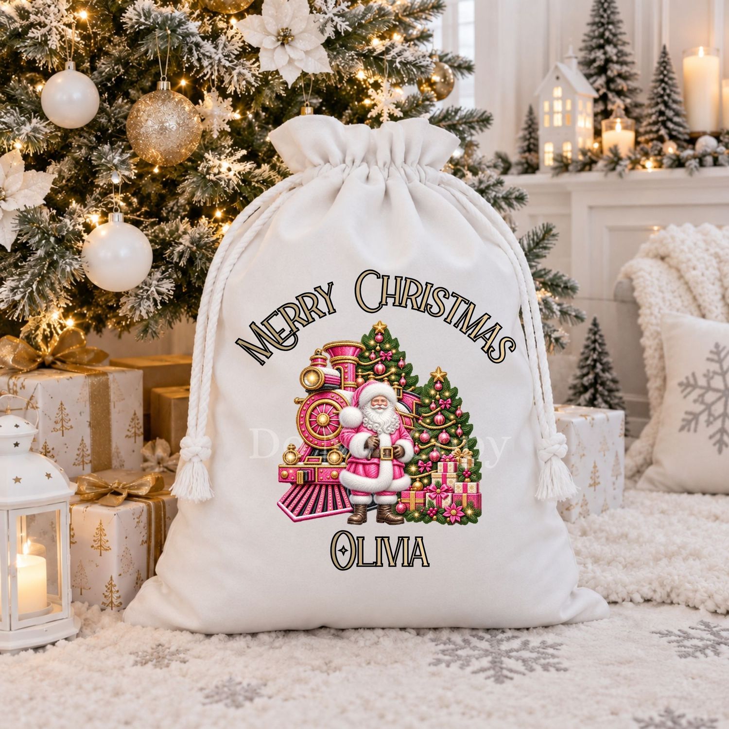 Pink Santa Train Faux Embroidery Effect DTF or UVDTF Decal