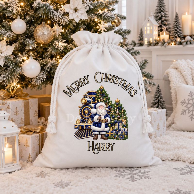 Blue Santa Train Faux Embroidery Effect DTF or UVDTF Decal