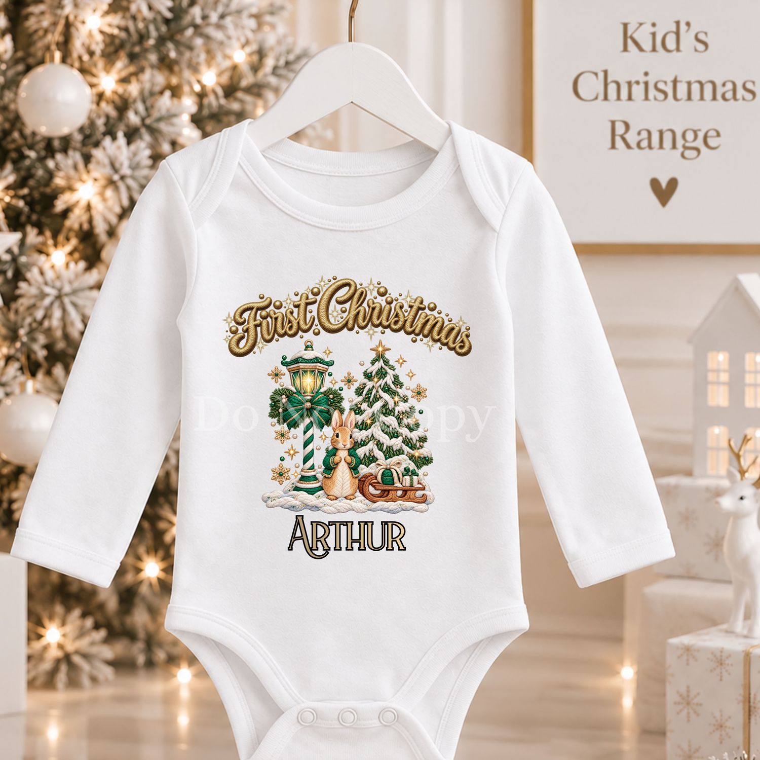 Christmas Street Light Bunny Emerald Green Faux Embroidery Effect DTF or UVDTF Decal