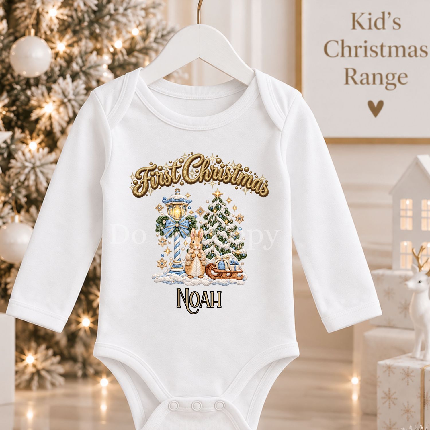 Christmas Street Light Bunny Beige And Blue Faux Embroidery Effect DTF or UVDTF Decal