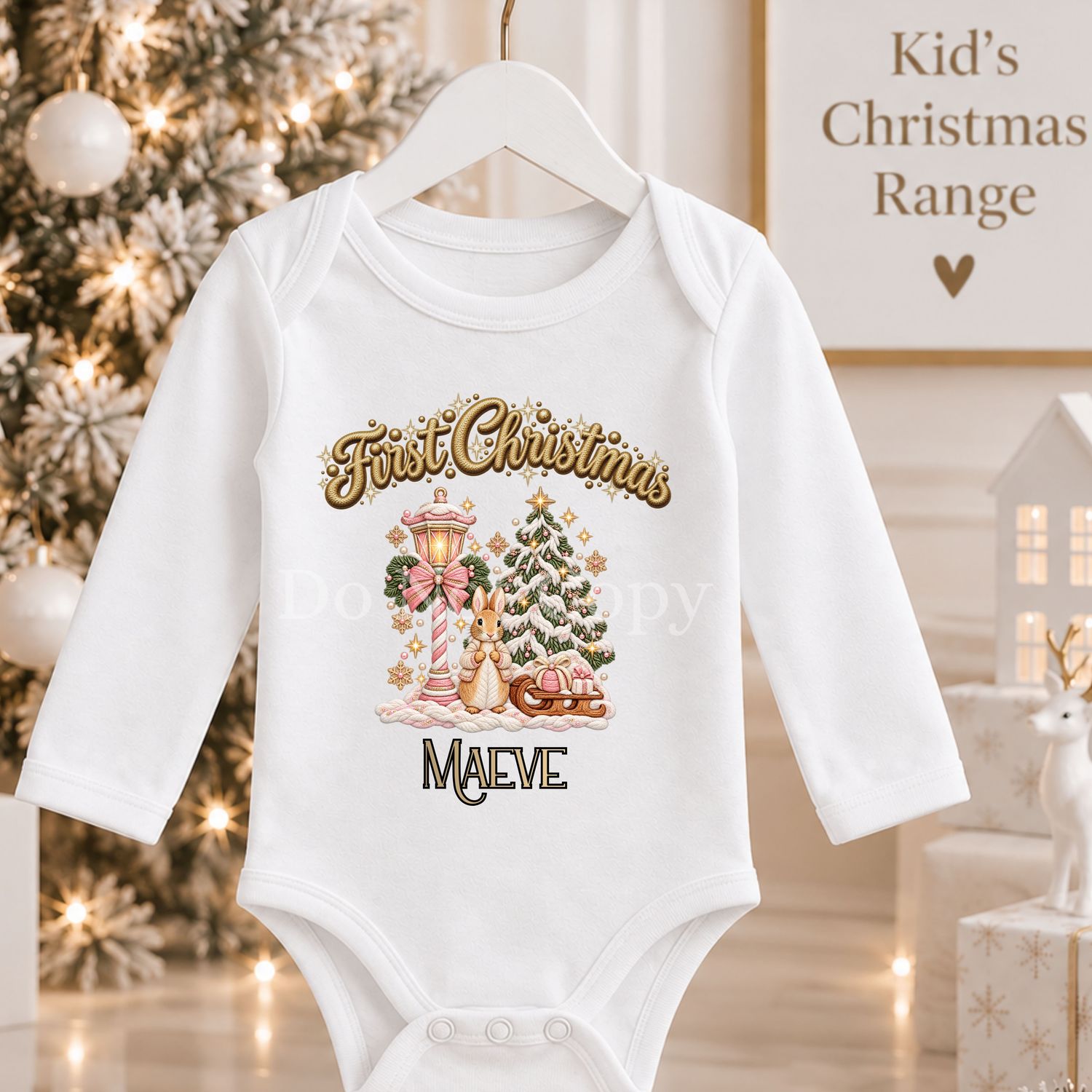Christmas Street Light Bunny Pink &amp; Beige Faux Embroidery Effect DTF or UVDTF Decal