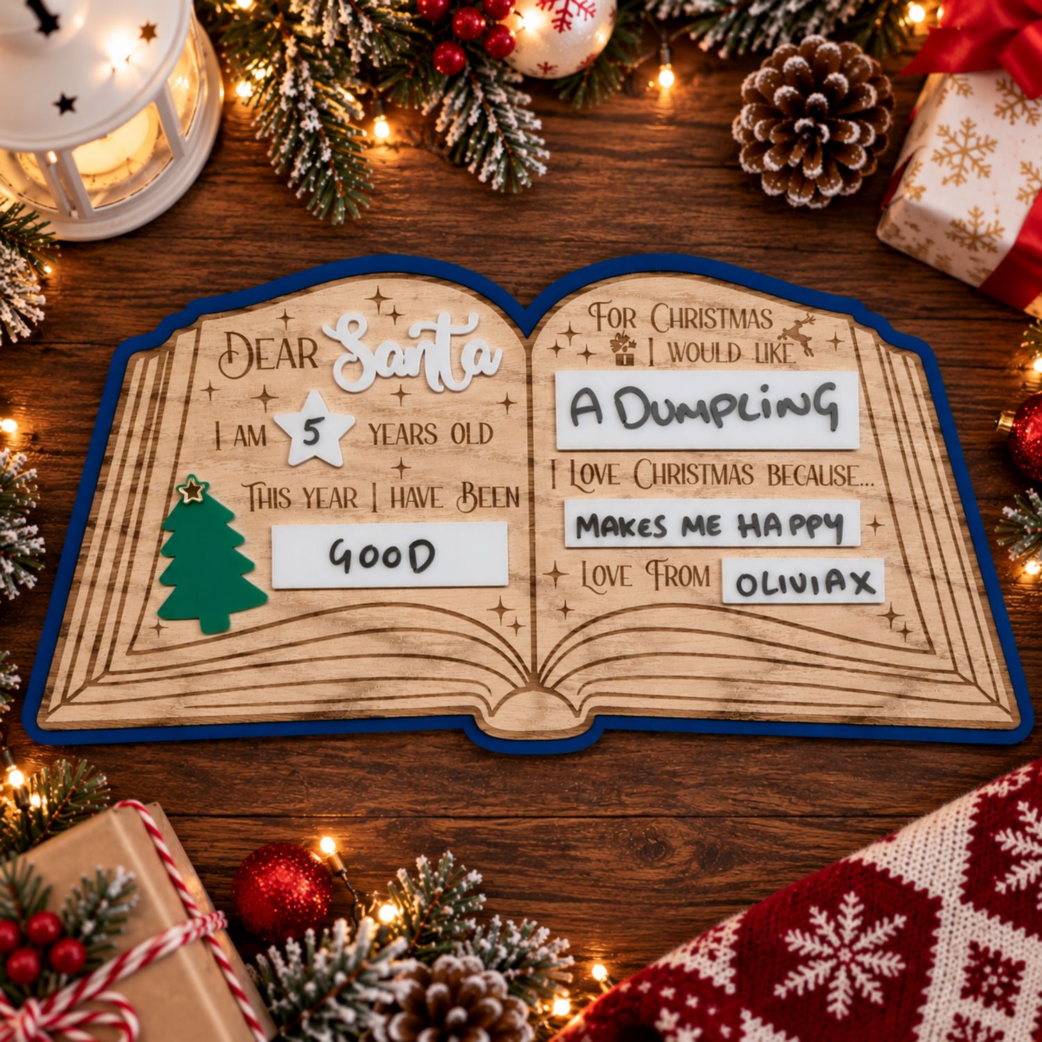 Dear Santa Open Book Red Backing 4mm Oak Veneered &amp; 3mm Acrylic