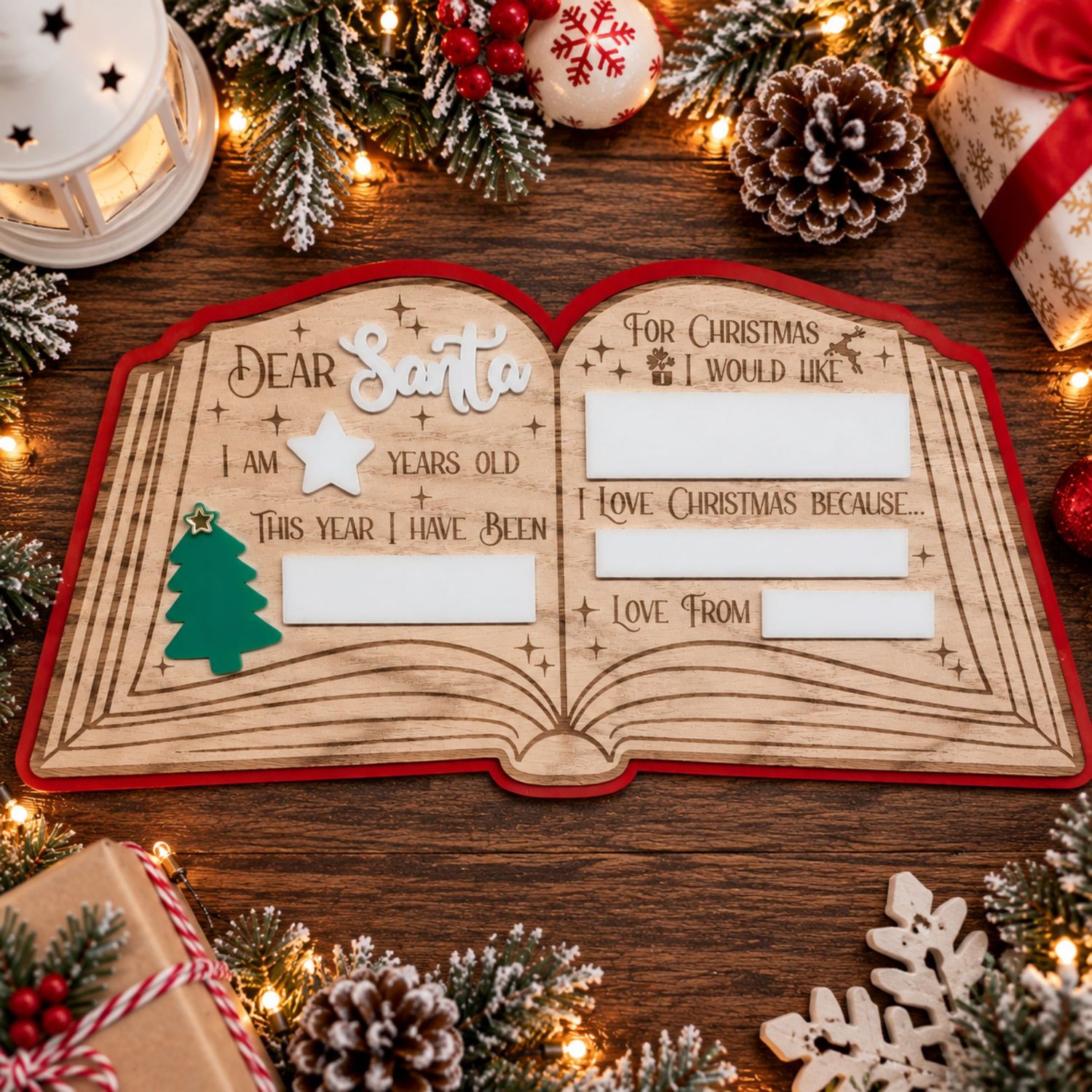 Dear Santa Open Book Red Backing 4mm Oak Veneered &amp; 3mm Acrylic