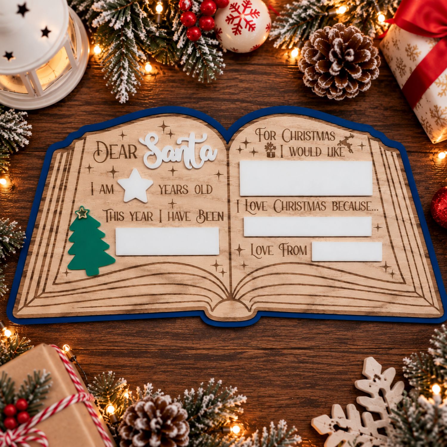 Dear Santa Open Book Dark Blue Backing 4mm Oak Veneered &amp; 3mm Acrylic