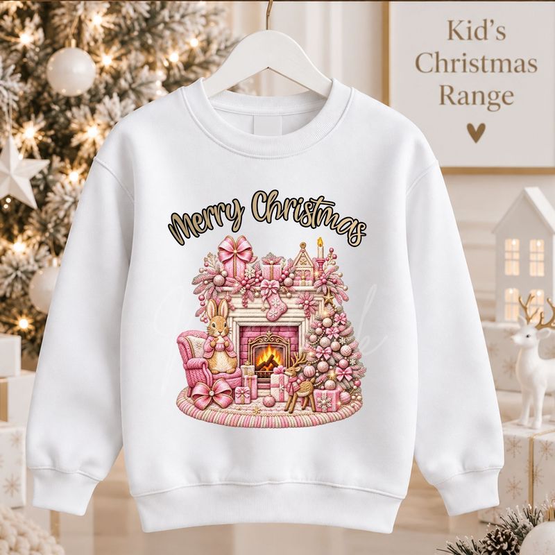 Christmas Fire Place Bunny Pink 15cm DTF PRINT