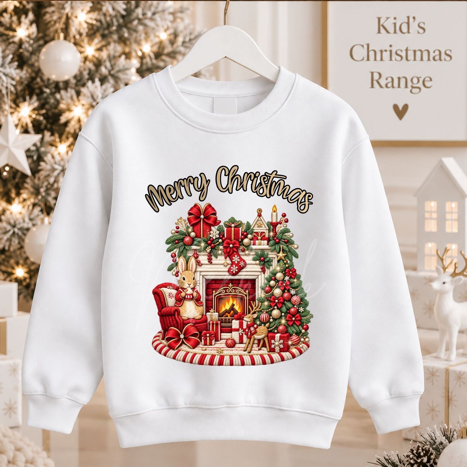 Christmas Fire Place Bunny Red 15cm DTF PRINT