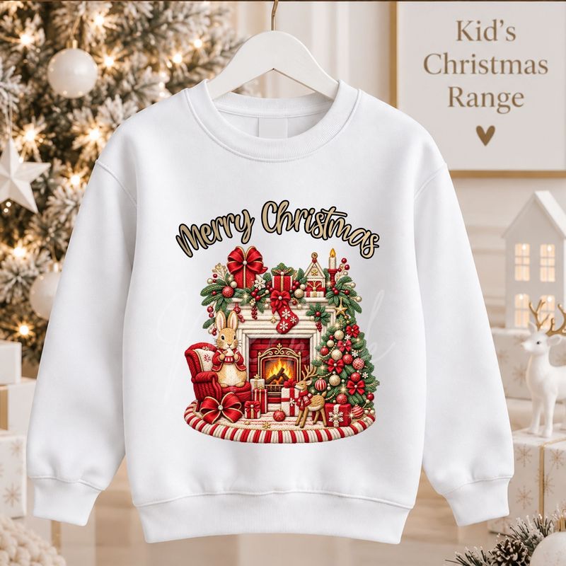 Christmas Fire Place Bunny Red 15cm DTF PRINT