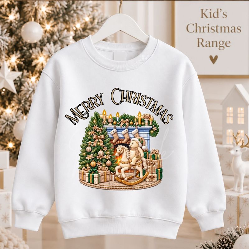 Christmas Fire Place Rocking Bear Beige 15cm DTF PRINT
