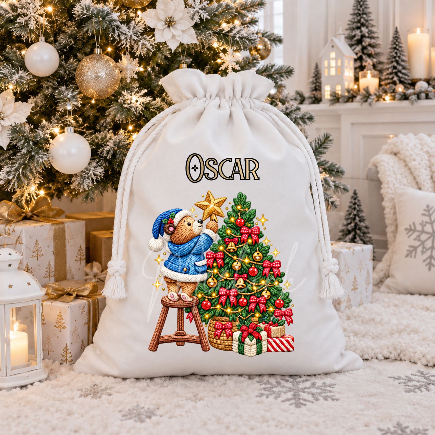 Christmas Bear Star Tree Blue 15cm DTF PRINT