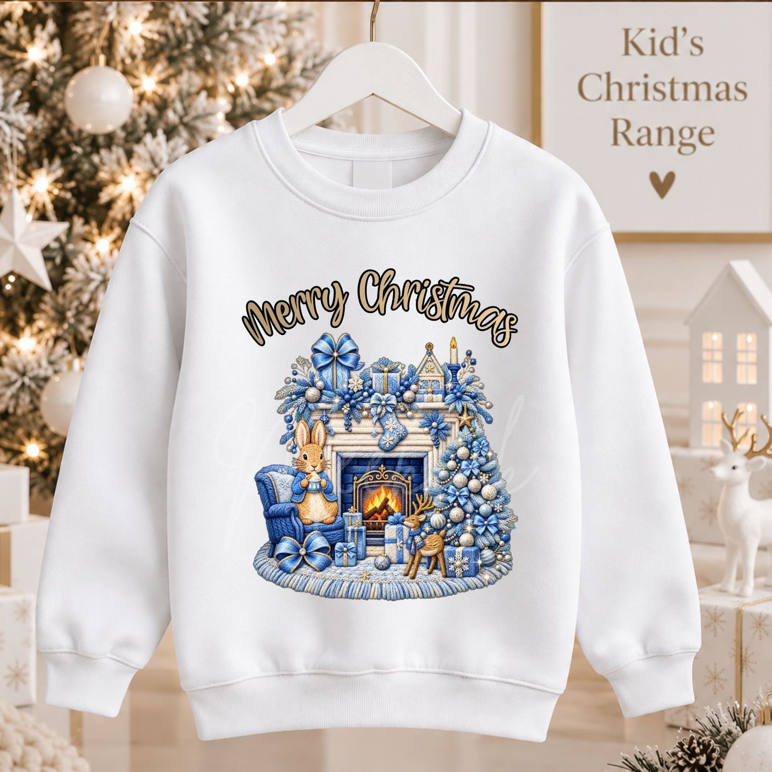 Christmas Fire Place Bunny Blue 15cm DTF PRINT
